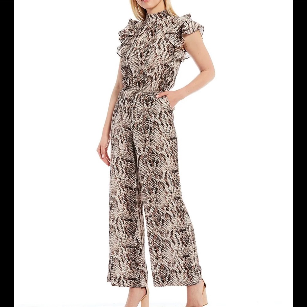1. STATE
Flutter Sleeve Mock Neck Ruffle Snake Print Jumpsuit Size Small